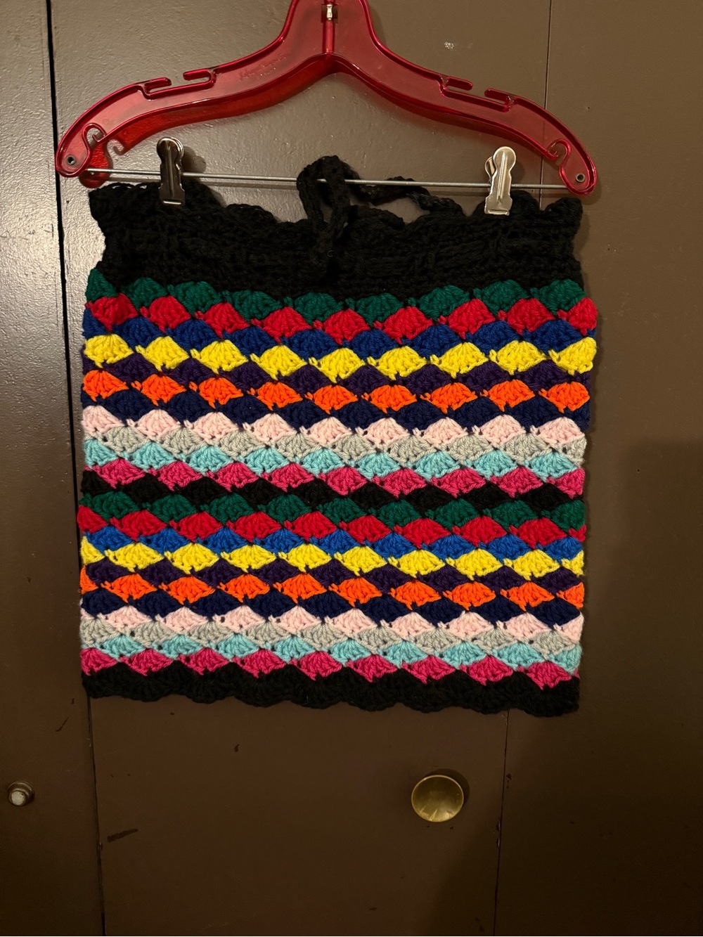Handmade Multicolor Crochet Mini Skirt with Black Trim